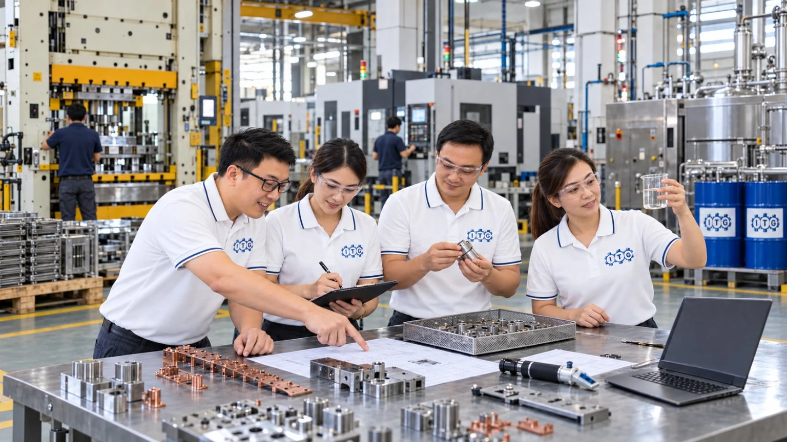 Illustrative application scene with people in ITG uniforms examining metal components