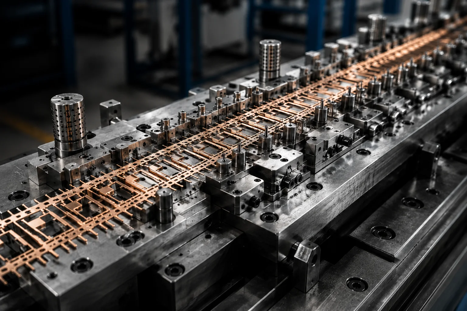 Precision progressive stamping die and copper strip for CRYSTAL PUNCH stamping oil applications