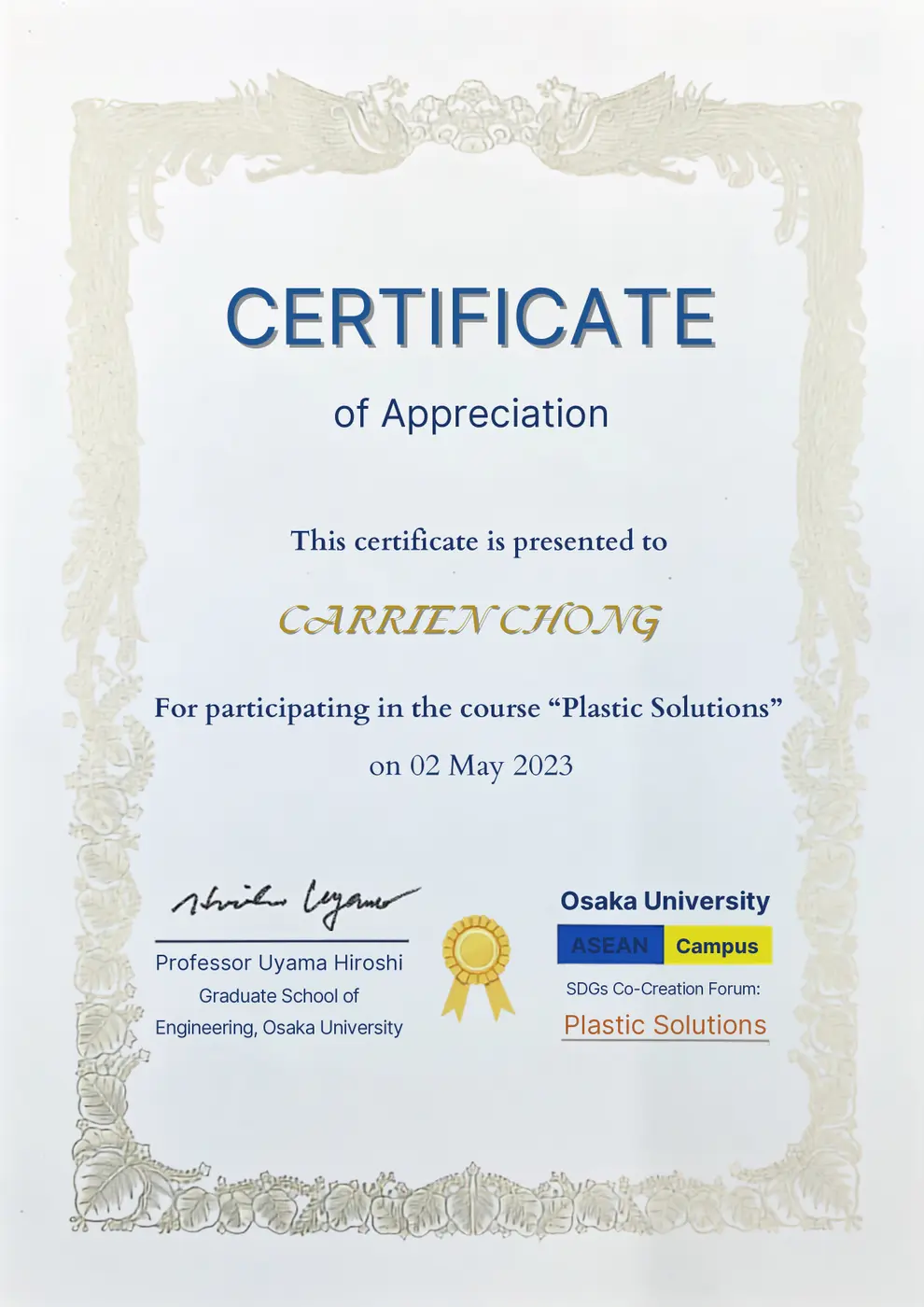 Certificate for Plastic Solutions course at Osaka University