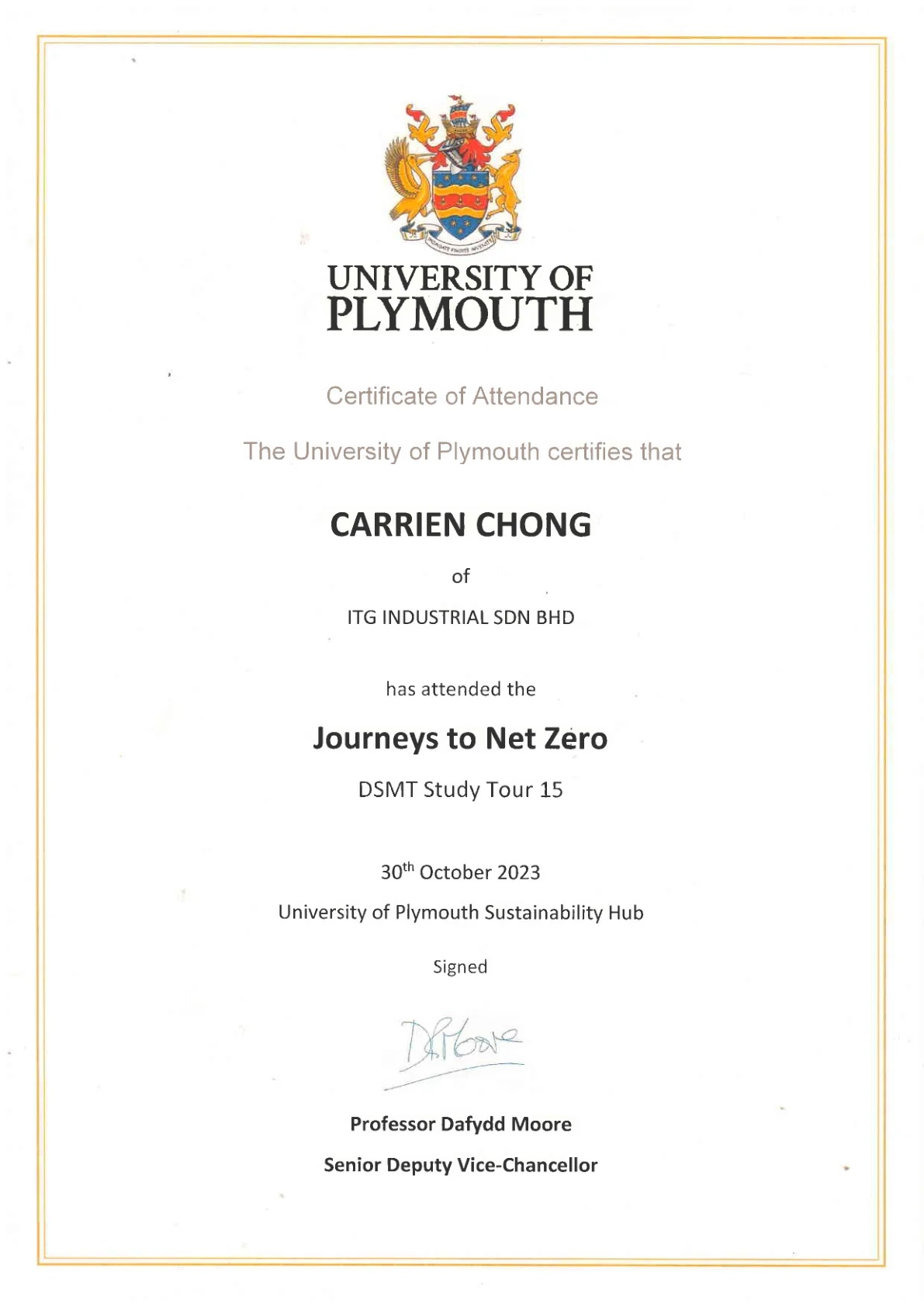 University of Plymouth certificate of attendance, Journeys to Net Zero, 30 October 2023
